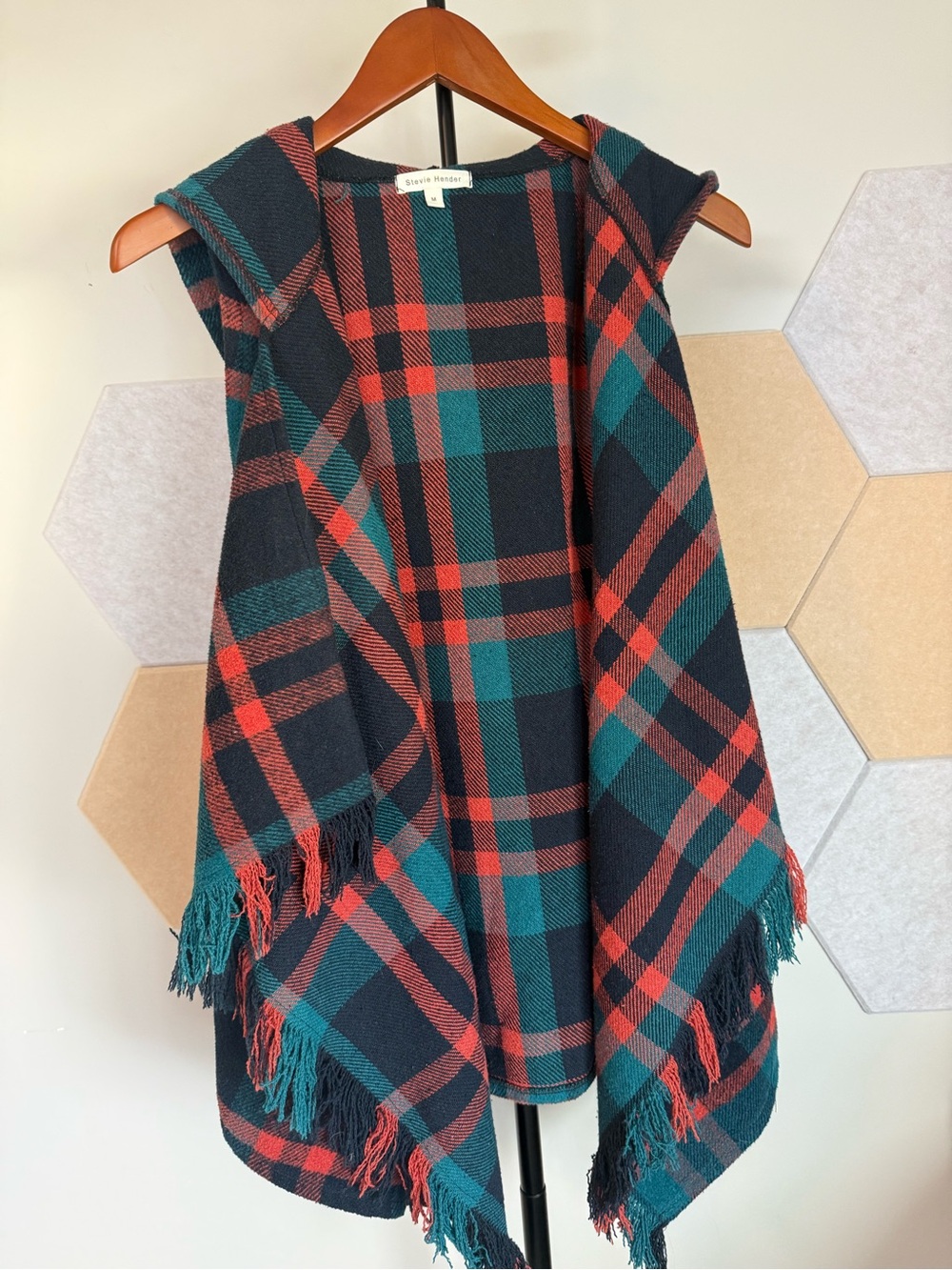 Stevie Hender Hooded Plaid Poncho Vest - Black, Teal & Red